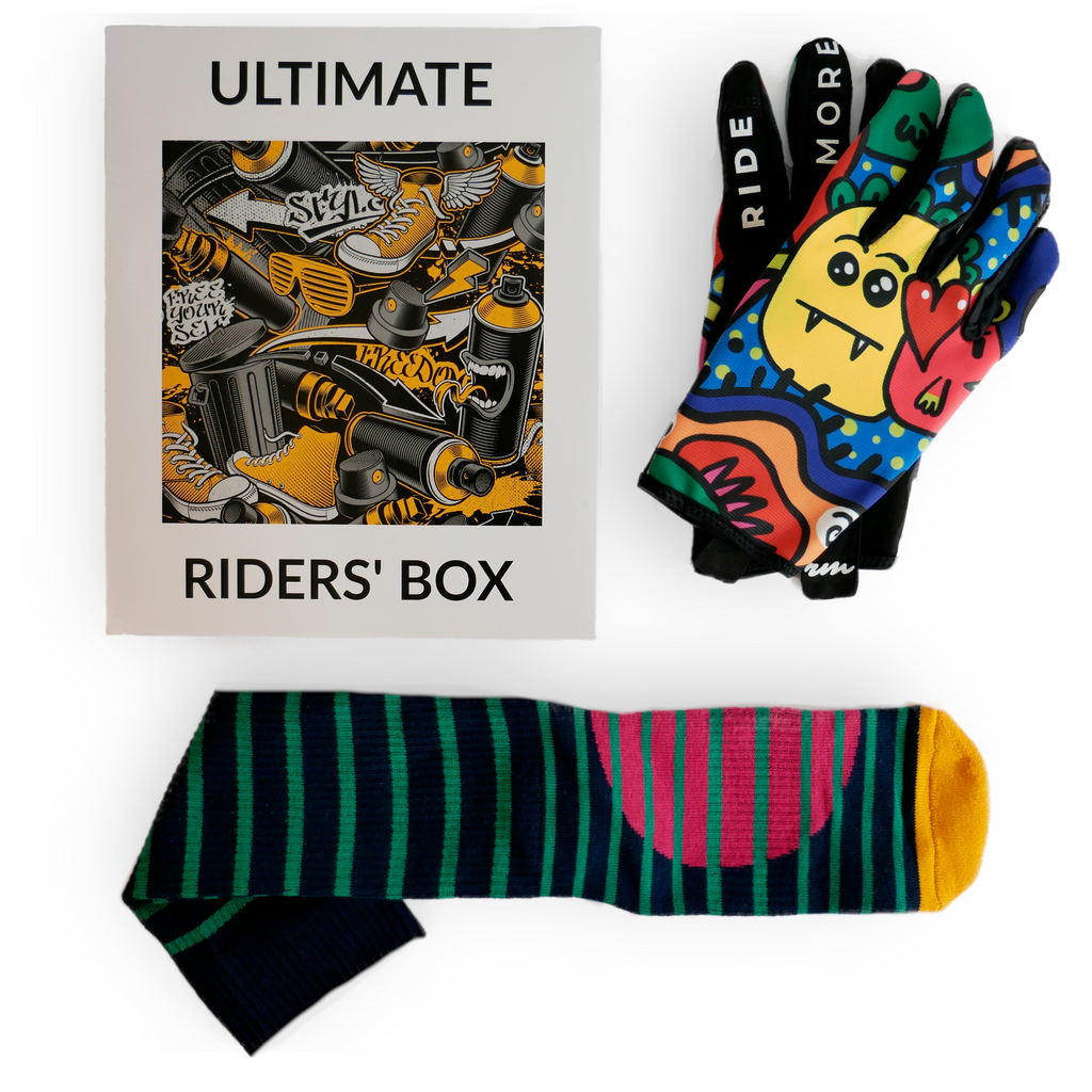 geschenk für BMX Fahrer, bunte BMX Handschuhe und bunte BMX Socken